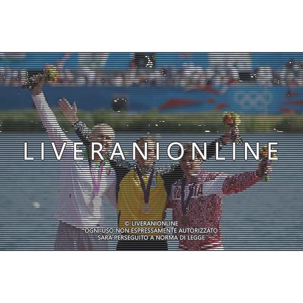 (120811) -- LONDON, Aug. 11, 2012 () -- Gold medalist Yuri Cheban of Ukraine (C), silver medalist Jevgenij Shuklin of Lithuania (L) and bronze medalist Ivan Shtyl\' attend victory ceremony of men\'s canoe single (C1) 200m competition of Canoe Sprint event, at London 2012 Olympic Games in London, Britain, on August 11, 2012. (/Shen Bohan) (nxl) ©PHOTOSHOT/Agenzia Aldo Liverani Sas - ITALY ONLY - GIOCHI OLIMPICI, OLIMPIADI LONDRA 2012