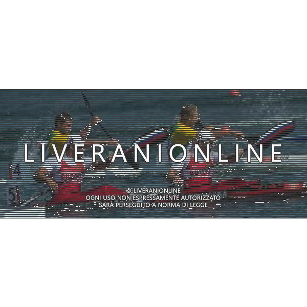 (120811) -- LONDON, Aug. 11, 2012 () -- Yury Postrigay and Alexander Dyachenko of Russia compete in men\'s kayak double (K2) 200m competition of Canoe Sprint event, at London 2012 Olympic Games in London, Britain, on August 11, 2012. Yury Postrigay and Alexander Dyachenko of Russia won gold medal. (/Cheng Min) (nxl) ©PHOTOSHOT/Agenzia Aldo Liverani Sas - ITALY ONLY - GIOCHI OLIMPICI, OLIMPIADI LONDRA 2012