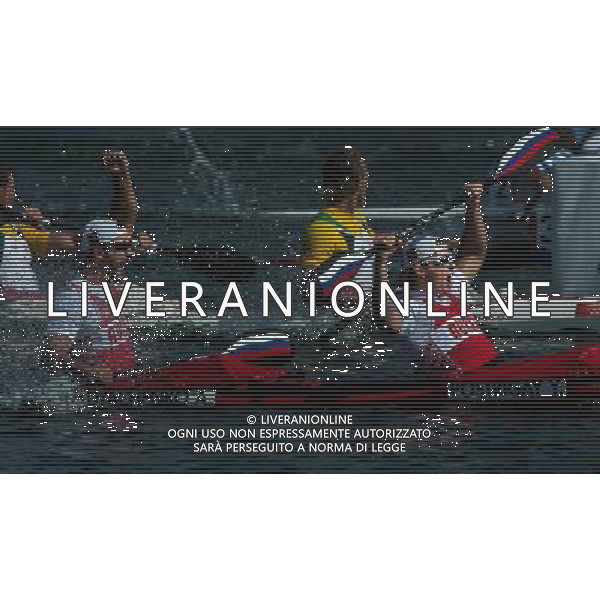 (120811) -- LONDON, Aug. 11, 2012 () -- Yury Postrigay and Alexander Dyachenko of Russia celebrate after competing in men\'s kayak double (K2) 200m competition of Canoe Sprint event, at London 2012 Olympic Games in London, Britain, on August 11, 2012. Yury Postrigay and Alexander Dyachenko of Russia won gold medal. (/Cheng Min) (nxl) ©PHOTOSHOT/Agenzia Aldo Liverani Sas - ITALY ONLY - GIOCHI OLIMPICI, OLIMPIADI LONDRA 2012