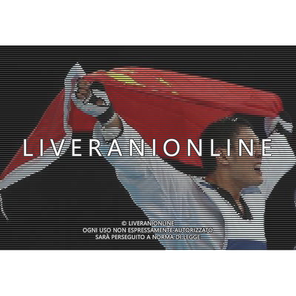 (120811) -- LONDON, Aug. 11, 2012 () -- Liu Xiaobo of China (blue) celebrates after winning over Bahri Tanrikulu of Turkey during the bronze medal match of men\'s +80kg Taekwondo at London 2012 Olympic Games, London, Britain, Aug. 11, 2012. Liu Xiaobo of China won the match and claimed the bronze medal of the event. (/Wang Lili) ©PHOTOSHOT/Agenzia Aldo Liverani Sas - ITALY ONLY - GIOCHI OLIMPICI, OLIMPIADI LONDRA 2012