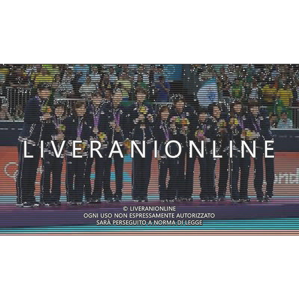 (120811) -- LONDON, Aug. 11, 2012 () -- Bronze medalists Japanese players celebrate at the awarding ceremony of women\'s volleyball event at London 2012 Olympic Games in London, Britain, on August 11, 2012. (/Wang Qingqin) (nxl) ©PHOTOSHOT/Agenzia Aldo Liverani Sas - ITALY ONLY - GIOCHI OLIMPICI, OLIMPIADI LONDRA 2012