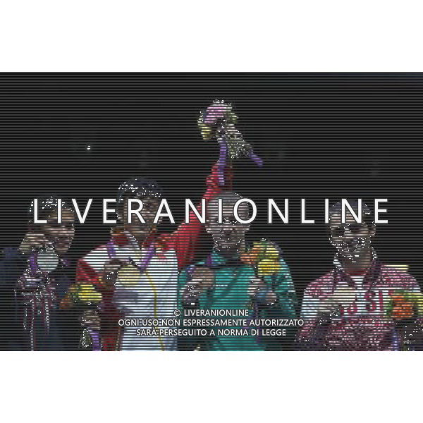 (120811) -- LONDON, Aug. 11, 2012 () -- Gold medalist Zhou Shiming of China (2nd L), silver medalist Kaeo Pongprayoon of Thailand (1st L), bronze medalists Paddy Barnes of Iran (2nd R) and David Ayrapetyan of Russia pose at the awarding ceremony of men\'s boxing light fly (49kg) at London 2012 Olympic Games in London, Britain, on August 11, (/Wang Shen) ©PHOTOSHOT/Agenzia Aldo Liverani Sas - ITALY ONLY - GIOCHI OLIMPICI, OLIMPIADI LONDRA 2012