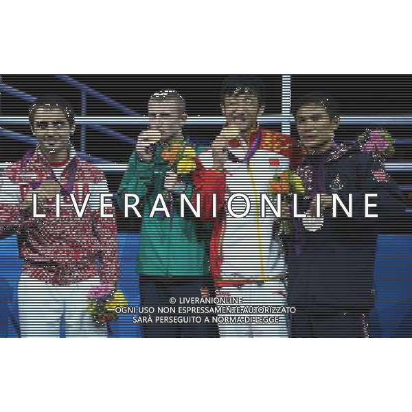 (120811) -- LONDON, Aug. 11, 2012 () -- Gold medalist Zhou Shiming of China (2nd R), silver medalist Kaeo Pongprayoon of Thailand (1st R), bronze medalists Paddy Barnes of Iran (2nd L) and David Ayrapetyan of Russia pose at the awarding ceremony of men\'s boxing light fly (49kg) at London 2012 Olympic Games in London, Britain, on August 11, (/Wang Shen) ©PHOTOSHOT/Agenzia Aldo Liverani Sas - ITALY ONLY - GIOCHI OLIMPICI, OLIMPIADI LONDRA 2012