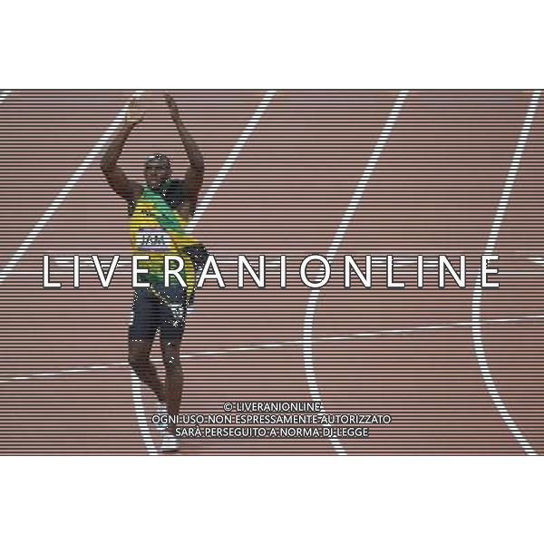(120811) -- LONDON, Aug. 1, 2012 () -- Usain Bolt of Jamaica celebrates after men\'s 4x100m relay final at London 2012 Olympic Games, London, Britain, Aug. 11, 2012. The Jamaican team won gold medal with a new world record of 36.84. (/Li Gang)(zgp) ©PHOTOSHOT/Agenzia Aldo Liverani Sas - ITALY ONLY - GIOCHI OLIMPICI, OLIMPIADI LONDRA 2012