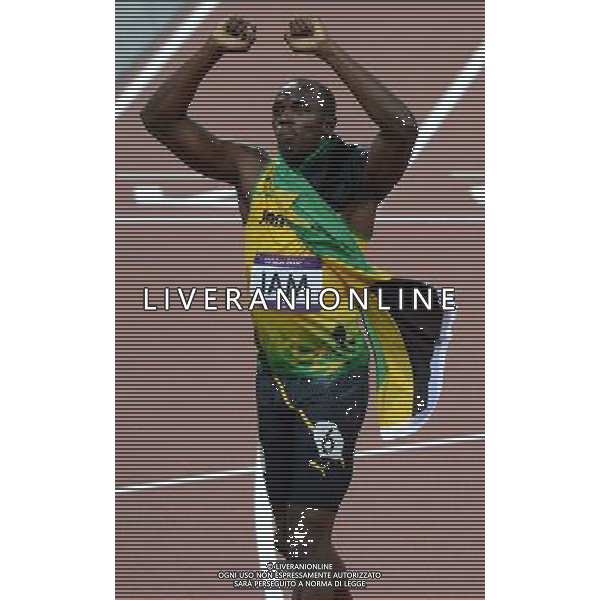 (120811) -- LONDON, Aug. 1, 2012 () -- Usain Bolt of Jamaica celebrates after men\'s 4x100m relay final at London 2012 Olympic Games, London, Britain, Aug. 11, 2012. The Jamaican team won gold medal with a new world record of 36.84. (/Li Gang)(zgp) ©PHOTOSHOT/Agenzia Aldo Liverani Sas - ITALY ONLY - GIOCHI OLIMPICI, OLIMPIADI LONDRA 2012