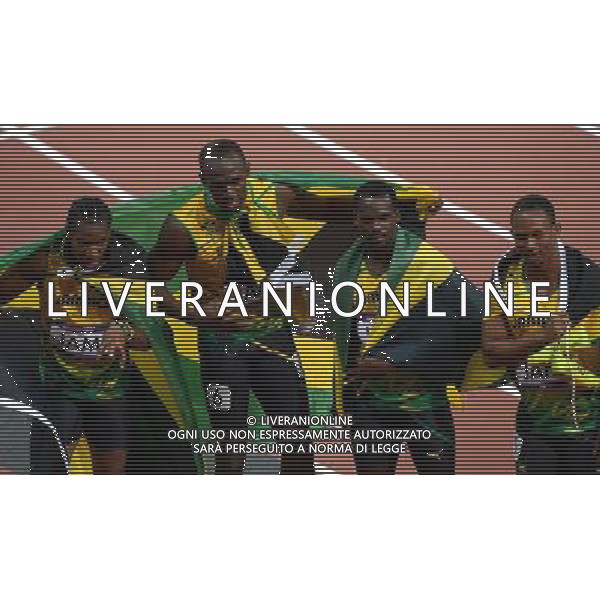 (120811) -- LONDON, Aug. 1, 2012 () -- Yohan Blake, Usain Bolt, Nesta Carter, and Michael Frater (from L to R) of Jamaica celebrate after men\'s 4x100m relay final at London 2012 Olympic Games, London, Britain, Aug. 11, 2012. The Jamaican team won gold medal with a new world record of 36.84. (/Li Gang)(zgp) ©PHOTOSHOT/Agenzia Aldo Liverani Sas - ITALY ONLY - GIOCHI OLIMPICI, OLIMPIADI LONDRA 2012