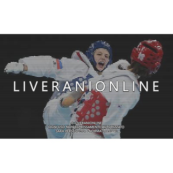 (120811) -- LONDON, Aug. 11, 2012 () -- Anastasia Baryshnikova of Russia (blue) competes with Lee In Jong of South Korea during the bronze medal match of women\'s +67kg Taekwondo at London 2012 Olympic Games, London, Britain, Aug. 11, 2012. Anastasia Baryshnikova of Russia won the match and claimed the bronze medal of the event. (/Wang Lili) ©PHOTOSHOT/Agenzia Aldo Liverani Sas - ITALY ONLY - GIOCHI OLIMPICI, OLIMPIADI LONDRA 2012