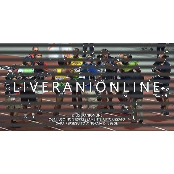 (120811) -- LONDON, Aug. 1, 2012 () -- Usain Bolt of Jamaica celebrates with teammate Yohan Blake after men\'s 4x100m relay final at London 2012 Olympic Games, London, Britain, Aug. 11, 2012. The Jamaican team won gold medal with a new world record of 36.84. (/Li Gang)(zgp) ©PHOTOSHOT/Agenzia Aldo Liverani Sas - ITALY ONLY - GIOCHI OLIMPICI, OLIMPIADI LONDRA 2012