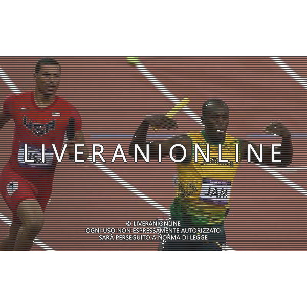 (120811) -- LONDON, Aug. 1, 2012 () -- Usain Bolt of Jamaica runs across finish line during men\'s 4x100m relay final at London 2012 Olympic Games, London, Britain, Aug. 11, 2012. The Jamaican team won gold medal with a new world record of 36.84. (/Li Gang)(zgp) ©PHOTOSHOT/Agenzia Aldo Liverani Sas - ITALY ONLY - GIOCHI OLIMPICI, OLIMPIADI LONDRA 2012