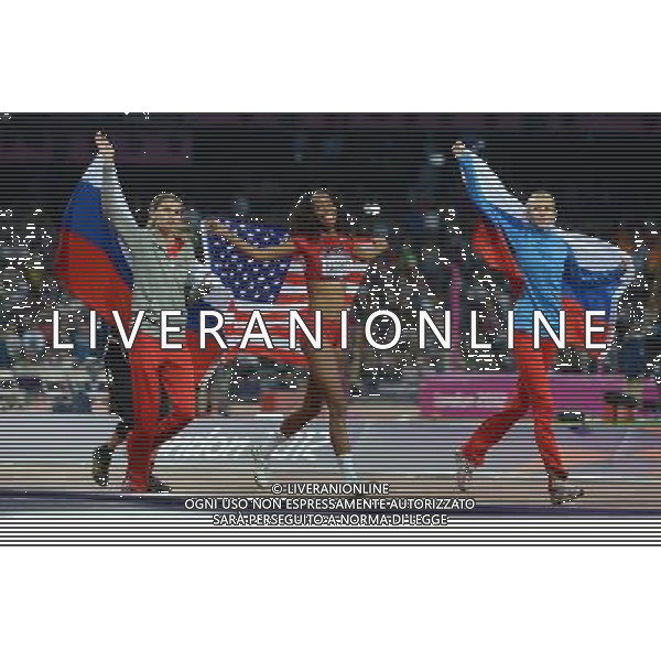 (120811) -- LONDON, Aug. 11, 2012 () -- Gold medalist Anna Chicherova (L) of Russia, silver medalist Brigetta Barrett (C) of USA, and bronze medalist Svetlana Shkolina of Russia celebrate after women\'s high jump event at London 2012 Olympic Games, London, Britain, Aug. 11, 2012. (/Liao Yujie)(zgp) ©PHOTOSHOT/Agenzia Aldo Liverani Sas - ITALY ONLY - GIOCHI OLIMPICI, OLIMPIADI LONDRA 2012