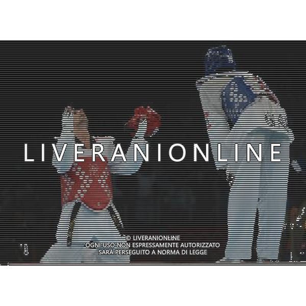 (120811) -- LONDON, Aug. 11, 2012 () -- Carlo Molfetta of Italy (red) celebrates after winning over Anthony Obame of Gabon during the gold medal match of men\'s +80kg Taekwondo at London 2012 Olympic Games, London, Britain, Aug. 11, 2012. Carlo Molfetta of Italy won the match and claimed the gold medal of the event. (/Li Ga) ©PHOTOSHOT/Agenzia Aldo Liverani Sas - ITALY ONLY - GIOCHI OLIMPICI, OLIMPIADI LONDRA 2012