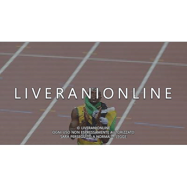 (120811) -- LONDON, Aug. 1, 2012 () -- Usain Bolt of Jamaica celebrates after men\'s 4x100m relay final at London 2012 Olympic Games, London, Britain, Aug. 11, 2012. The Jamaican team won gold medal with a new world record of 36.84. (/Li Gang)(zgp) ©PHOTOSHOT/Agenzia Aldo Liverani Sas - ITALY ONLY - GIOCHI OLIMPICI, OLIMPIADI LONDRA 2012