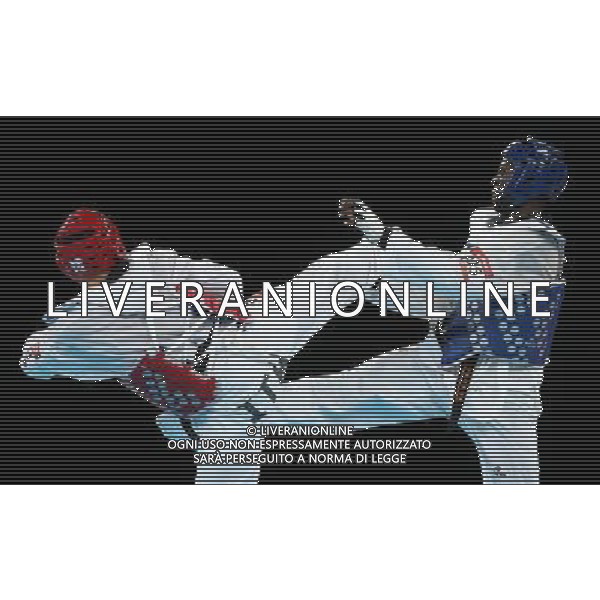 (120811) -- LONDON, Aug. 11, 2012 () -- Carlo Molfetta of Italy (red) competes with Anthony Obame of Gabon during Bahri Tanrikulu of Turkey during the gold medal match of men\'s +80kg Taekwondo at London 2012 Olympic Games, London, Britain, Aug. 11, 2012. Carlo Molfetta of Italy won the match and claimed the gold medal of the event. (/Wang Lili) ©PHOTOSHOT/Agenzia Aldo Liverani Sas - ITALY ONLY - GIOCHI OLIMPICI, OLIMPIADI LONDRA 2012