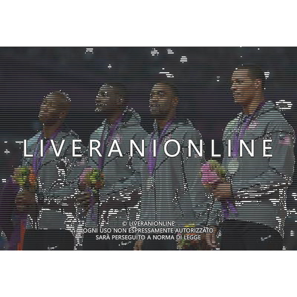 (120811) -- LONDON, Aug. 1, 2012 () -- Silver medalists of USA pose at awarding ceremony of men\'s 4x100m relay event at London 2012 Olympic Games, London, Britain, Aug. 11, 2012. The Jamaican team won gold medal with a new world record of 36.84. (/Wang Jianhua)(zgp) ©PHOTOSHOT/Agenzia Aldo Liverani Sas - ITALY ONLY - GIOCHI OLIMPICI, OLIMPIADI LONDRA 2012