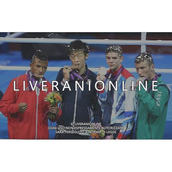 (120811) -- LONDON, Aug. 11, 2012 () -- Gold medalist Luke Campbell of Britain (2nd R), silver medalist John Joe Nevin of Ireland (1st R), bronze medalists Satoshi Shimizu of Japan (2nd L) and Lazaro Alvarez Estrada of Cuba pose at the awarding ceremony of men\'s boxing bantam (56kg) at London 2012 Olympic Games in London, Britain, on August 11. (/Wang Shen) ©PHOTOSHOT/Agenzia Aldo Liverani Sas - ITALY ONLY - GIOCHI OLIMPICI, OLIMPIADI LONDRA 2012