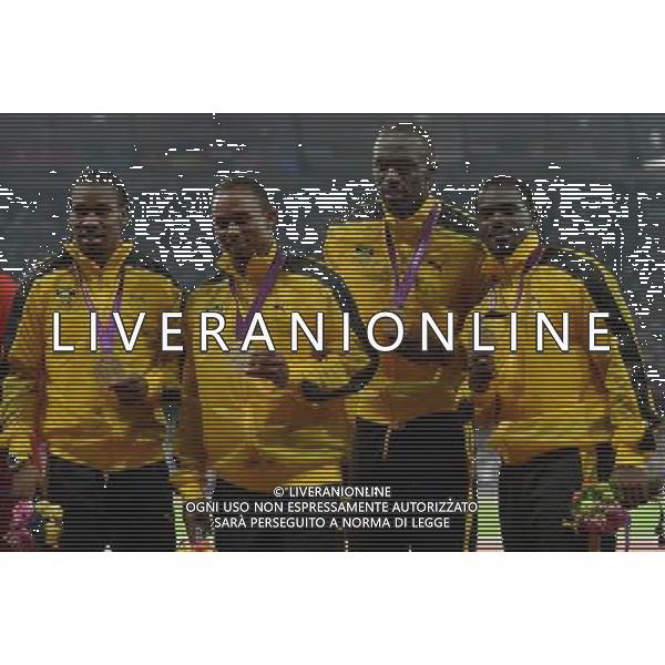(120811) -- LONDON, Aug. 1, 2012 () -- Yohan Blake, Michael Frater, Usain Bolt, and Nesta Carter(from L to R) of Jamaica pose at awarding ceremony of men\'s 4x100m relay event at London 2012 Olympic Games, London, Britain, Aug. 11, 2012. The Jamaican team won gold medal with a new world record of 36.84. (/Wang Jianhua)(zgp) ©PHOTOSHOT/Agenzia Aldo Liverani Sas - ITALY ONLY - GIOCHI OLIMPICI, OLIMPIADI LONDRA 2012