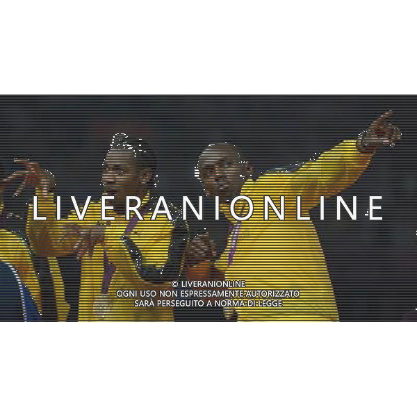 (120811) -- LONDON, Aug. 1, 2012 () -- Yohan Blake and Usain Bolt of Jamaica pose at awarding ceremony of men\'s 4x100m relay event at London 2012 Olympic Games, London, Britain, Aug. 11, 2012. The Jamaican team won gold medal with a new world record of 36.84. (/Wang Jianhua)(zgp) ©PHOTOSHOT/Agenzia Aldo Liverani Sas - ITALY ONLY - GIOCHI OLIMPICI, OLIMPIADI LONDRA 2012