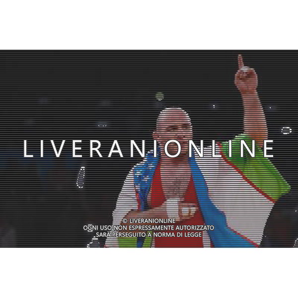(120811) -- LONDON, Aug. 11, 2012 () -- Artur Taymazov of Uzbekistan celebrates after winning over Davit Modzmanashvili of Georgia during the Men\'s 120kg Freestyle gold medal match of Wrestling at London 2012 Olympic Games, London, Britain, Aug. 11, 2012. Artur Taymazov of Uzbekistan won the match and claimed the gold medal of the event. (/Jin Liwang) ©PHOTOSHOT/Agenzia Aldo Liverani Sas - ITALY ONLY - GIOCHI OLIMPICI, OLIMPIADI LONDRA 2012