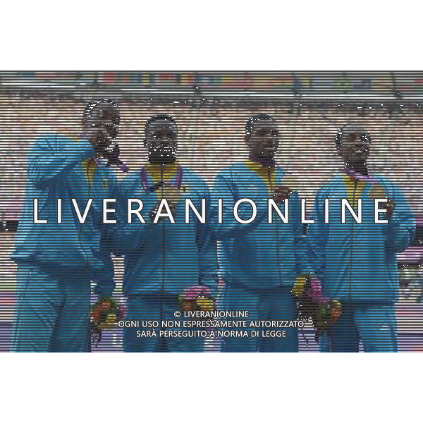 11.08.2012. London, England. Gold Medalists Runners of Bahamas Pose at the Awards Ceremony of Mens 4x400m Relay London 2012 Olympic Games ©PHOTOSHOT/Agenzia Aldo Liverani Sas - ITALY ONLY - GIOCHI OLIMPICI, OLIMPIADI LONDRA 2012