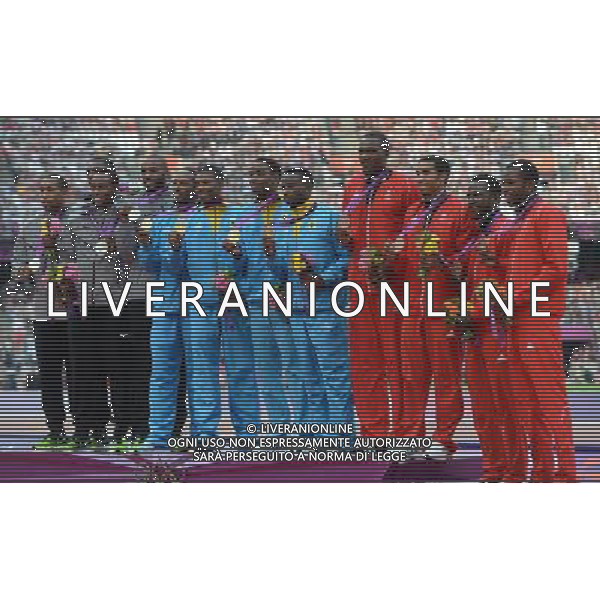 11.08.2012. London, England. Gold Medallists of Bahamas, Silver Medallists of USA and Bronze Medallists of Trinidad and Tobago Pose at the Awards Ceremony of Mens 4x400m Relay London 2012 Olympic Games ©PHOTOSHOT/Agenzia Aldo Liverani Sas - ITALY ONLY - GIOCHI OLIMPICI, OLIMPIADI LONDRA 2012