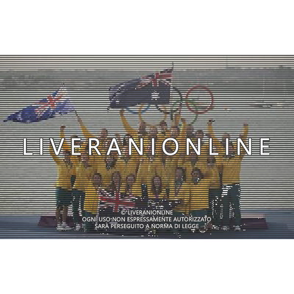 11.08.2012. Weymouth, Dorset, England. Members of The Australian team Celebrate After winning the Elliott 6m Competition of sailing Event London 2012 Olympic Games The Australian team Won Silver Medal ©PHOTOSHOT/Agenzia Aldo Liverani Sas - ITALY ONLY - GIOCHI OLIMPICI, OLIMPIADI LONDRA 2012