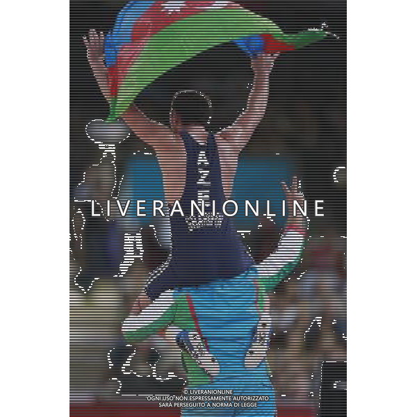 (120811) -- LONDON, Aug. 11, 2012 () -- Sharif Sharifov of Azerbaijan celebrates after defeating Jaime Yusept Espinal of Puerto Rico in men\'s freestyle wrestling 84kg gold medal contest, at London 2012 Olympic Games in London, Britain, on August 11, 2012. Sharif Sharifov of Azerbaijan won gold medal. (/Ren Zhenglai) (nxl) ©PHOTOSHOT/Agenzia Aldo Liverani Sas - ITALY ONLY - GIOCHI OLIMPICI, OLIMPIADI LONDRA 2012