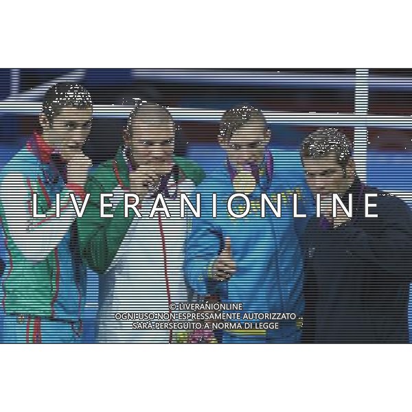 (120811) -- LONDON, Aug. 11, 2012 () -- Gold medalist Oleksandr Usyk of Ukraine (2nd R), silver medalist Clemente Russo of Italy (1st R), bronze medalists Tervel Pulev of Bulgaria (2nd L) and Teymur Mammadov of Azerbaijan pose at the awarding ceremony of men\'s boxing heavy (91kg) at London 2012 Olympic Games in London, Britain, on August 11, 2012. (/Wang Shen) ©PHOTOSHOT/Agenzia Aldo Liverani Sas - ITALY ONLY - GIOCHI OLIMPICI, OLIMPIADI LONDRA 2012