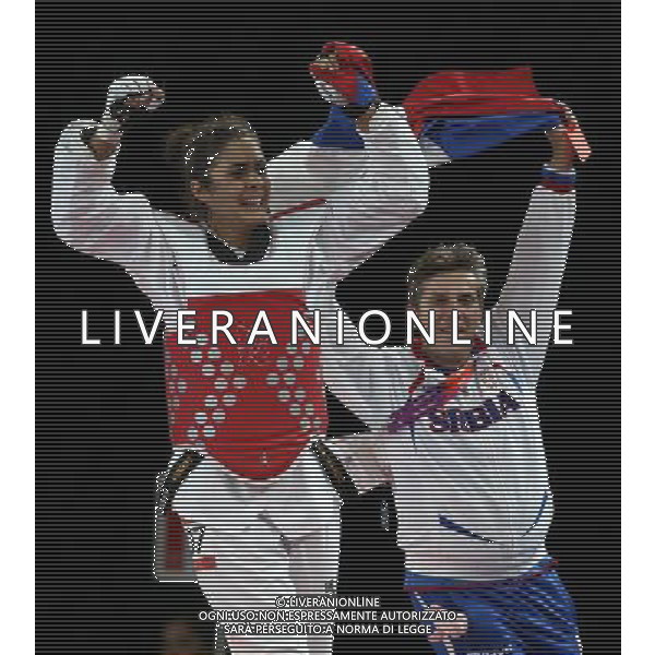 (120811) -- LONDON, Aug. 11, 2012 () -- Milica Mandic of Serbia (red) celebrates after winning over Anne-Caroline Graffe of France during the gold medal match of women\'s +67kg Taekwondo at London 2012 Olympic Games, London, Britain, Aug. 11, 2012. Milica Mandic of Serbia won the match and claimed the gold medal of the event. (/Wang Lili) ©PHOTOSHOT/Agenzia Aldo Liverani Sas - ITALY ONLY - GIOCHI OLIMPICI, OLIMPIADI LONDRA 2012