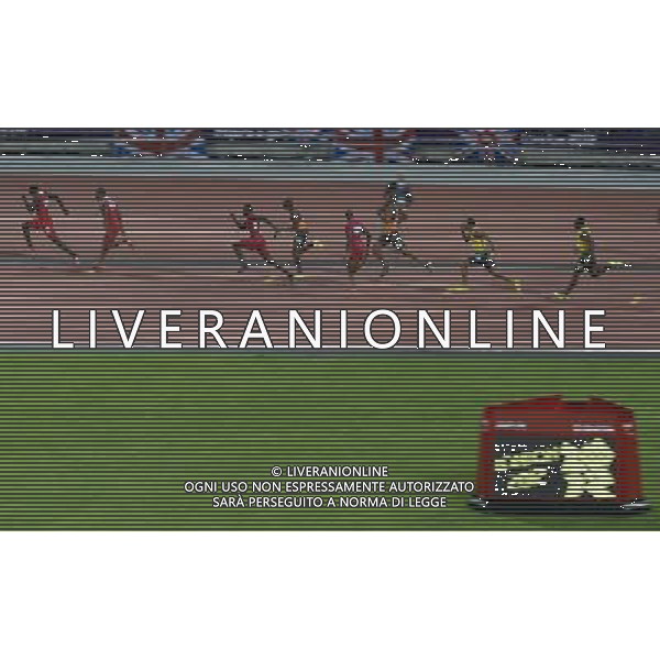 (120811) -- LONDON, Aug. 1, 2012 () -- Sprinters compete in men\'s 4x100m relay final at London 2012 Olympic Games, London, Britain, Aug. 11, 2012. The Jamaican team won gold medal with a new world record of 36.84. (/Qi Heng)(zgp) ©PHOTOSHOT/Agenzia Aldo Liverani Sas - ITALY ONLY - GIOCHI OLIMPICI, OLIMPIADI LONDRA 2012