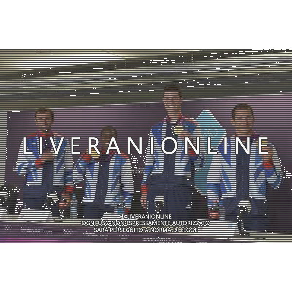 Team GB Delegation Leadership plus TeamGB medalist give end of Olympics Press Conference. Media Press Centre, Olympic Stadium, Olympic Park, Stratford. London : Nick Dempsey Silver medalist, Sailing Men\'s RS-X, Nicola Adams Gold medalist boxing Women\'s Fly (51kg), Pete Wilson Gold medalist, Shooting Men\'s Double Trap, Ed Mckeever Gold medalist, Canoe Sprint Men\'s Kayak Single (K) 200m ©photoshot/Agenzia Aldo Liverani Sas - ITALY ONLY - GIOCHI OLIMPICI, OLIMPIADI LONDRA 2012