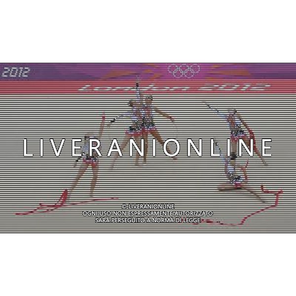 (120812) -- LONDON, Aug. 12, 2012 () -- The Italian team performs during the Group All-Around competition of Gymnastics Rhythmic event, at London 2012 Olympic Games in London, Britain, on August 12, 2012. Italy won bronze medal. (/Li Gang) (nxl) ©photoshot/Agenzia Aldo Liverani Sas - ITALY ONLY - GIOCHI OLIMPICI, OLIMPIADI LONDRA 2012