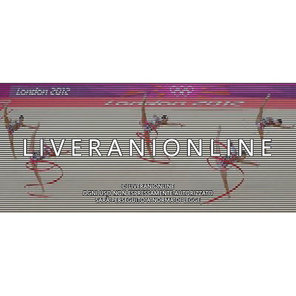 (120812) -- LONDON, Aug. 12, 2012 () -- The Italian team performs during the Group All-Around competition of Gymnastics Rhythmic event, at London 2012 Olympic Games in London, Britain, on August 12, 2012. Italy won bronze medal. (/Li Gang) (nxl) ©photoshot/Agenzia Aldo Liverani Sas - ITALY ONLY - GIOCHI OLIMPICI, OLIMPIADI LONDRA 2012