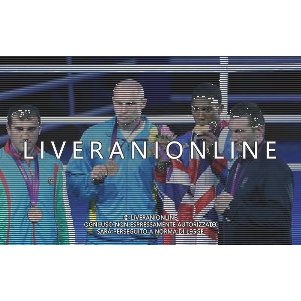 (120812) -- LONDON, Aug. 12, 2012 () -- Gold medalist Anthony Joshua of Britain (2nd R), silver medalist Roberto Cammarelle of Italy (1st R) and bronze medalists Ivan Dychko of Kazakhstan (2nd L) and Magomedrasul Medzhidov of Azerbaijan attend victory ceremony of men\'s boxing super heavy (+91kg) contest, at London 2012 Olympic Games in London, Britain, on August 12, 2012. (/Wang Shen) (nxl) ©photoshot/Agenzia Aldo Liverani Sas - ITALY ONLY - GIOCHI OLIMPICI, OLIMPIADI LONDRA 2012