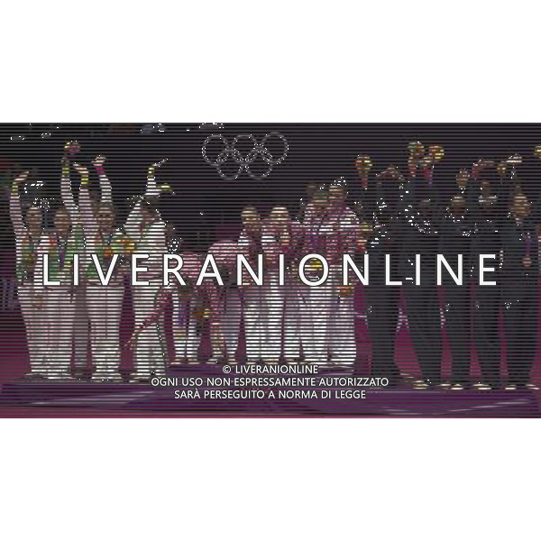 (120812) -- LONDON, Aug. 12, 2012 () -- Gold medalists of the Russian team (C), silver medalists of the Belarusian team (L) and bronze medalists of the Italian team attend victory ceremony of Group All-Around competition of Gymnastics Rhythmic event, at London 2012 Olympic Games in London, Britain, on August 12, 2012. Russia won gold medal. (/Fei Maohua) (nxl) ©photoshot/Agenzia Aldo Liverani Sas - ITALY ONLY - GIOCHI OLIMPICI, OLIMPIADI LONDRA 2012