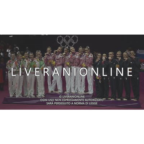 (120812) -- LONDON, Aug. 12, 2012 () -- Gold medalists of the Russian team (C), silver medalists of the Belarusian team (L) and bronze medalists of the Italian team attend victory ceremony of Group All-Around competition of Gymnastics Rhythmic event, at London 2012 Olympic Games in London, Britain, on August 12, 2012. Russia won gold medal. (/Fei Maohua) (nxl) ©photoshot/Agenzia Aldo Liverani Sas - ITALY ONLY - GIOCHI OLIMPICI, OLIMPIADI LONDRA 2012
