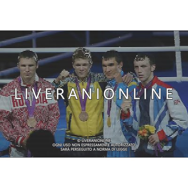 (120812) -- LONDON, Aug. 12, 2012 () -- Gold medalist Serik Sapiyev of Kazakhstan (2nd R), silver medalist Freddie Evans of Britain (1st R) and bronze medalists Andrey Zamkovoy of Russia (1st L) and Taras Shelestyuk of Ukraine attend victory ceremony of men\'s boxing welter (69kg) competition, at London 2012 Olympic Games in London, Britain, on August 12, 2012. (/Wang Shen) (nxl) ©photoshot/Agenzia Aldo Liverani Sas - ITALY ONLY - GIOCHI OLIMPICI, OLIMPIADI LONDRA 2012