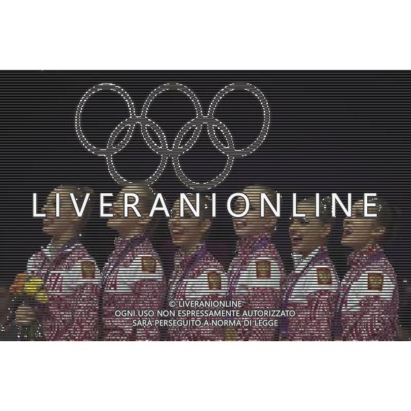(120812) -- LONDON, Aug. 12, 2012 () -- The Russian team celebrate during victory ceremony of Group All-Around competition of Gymnastics Rhythmic event, at London 2012 Olympic Games in London, Britain, on August 12, 2012. Russia won gold medal. (/Fei Maohua) (nxl) ©photoshot/Agenzia Aldo Liverani Sas - ITALY ONLY - GIOCHI OLIMPICI, OLIMPIADI LONDRA 2012