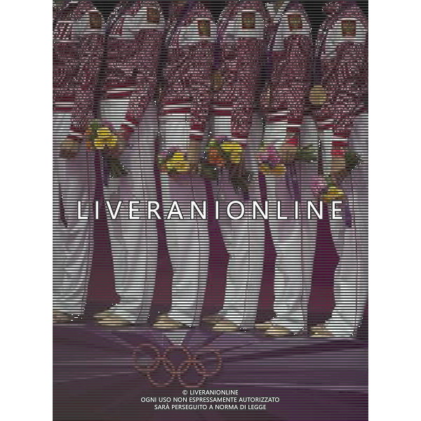 (120812) -- LONDON, Aug. 12, 2012 () -- The Russian team celebrate during victory ceremony of Group All-Around competition of Gymnastics Rhythmic event, at London 2012 Olympic Games in London, Britain, on August 12, 2012. Russia won gold medal. (/Fei Maohua) (nxl) ©photoshot/Agenzia Aldo Liverani Sas - ITALY ONLY - GIOCHI OLIMPICI, OLIMPIADI LONDRA 2012