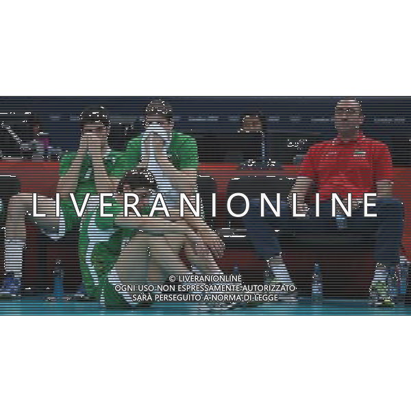 (120812) -- LONDON, Aug. 12, 2012 () -- Bulgarian players are pictured after losing in men\'s volleyball bronze medal match between Italy and Bulgaria, at London 2012 Olympic Games in London, Britain, on August 12, 2012. Italy won 3-1. (/Wang Lili) (nxl) ITALY ONLY - GIOCHI OLIMPICI, OLIMPIADI LONDRA 2012
