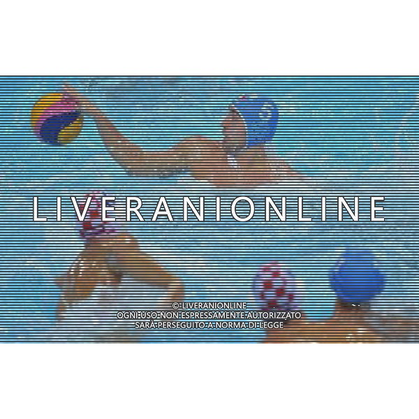 (120812) -- LONDON, Aug. 12, 2012 () -- Pietro Giorgetti of Italy (top) vies for the ball during men\'s water polo gold medal match between Croatia and Italy at London 2012 Olympic Games in London, Britain, August 12, 2012. Croatia won the match and claimed the gold medal of the event. Italy won the silver medal of the event. (/Chen Xiaowei) ITALY ONLY - GIOCHI OLIMPICI, OLIMPIADI LONDRA 2012