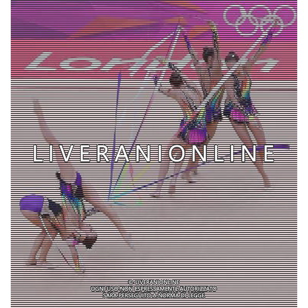 (120812) -- LONDON, Aug. 12, 2012 () -- The Belarusian team performs during the Group All-Around competition of Gymnastics Rhythmic event, at London 2012 Olympic Games in London, Britain, on August 12, 2012. Belarus won silver medal. (/Chen Jianli) (nxl) ©PHOTOSHOT/AGENZIA ALDO LIVERANI SAS - ITALY ONLY - GIOCHI OLIMPICI, OLIMPIADI LONDRA 2012