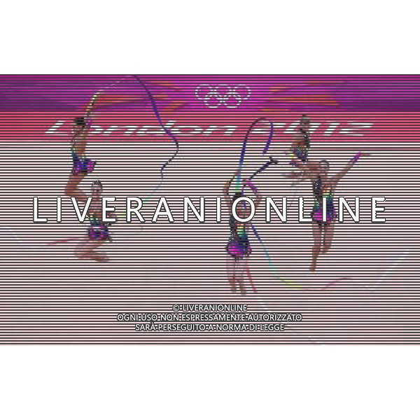 (120812) -- LONDON, Aug. 12, 2012 () -- The Belarusian team performs during the Group All-Around competition of Gymnastics Rhythmic event, at London 2012 Olympic Games in London, Britain, on August 12, 2012. Belarus won silver medal. (/Chen Jianli) (nxl) ©PHOTOSHOT/AGENZIA ALDO LIVERANI SAS - ITALY ONLY - GIOCHI OLIMPICI, OLIMPIADI LONDRA 2012