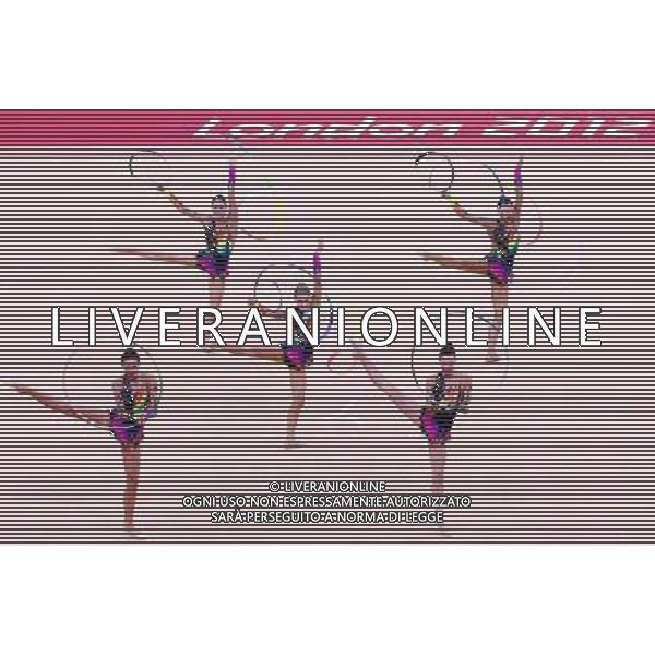 (120812) -- LONDON, Aug. 12, 2012 () -- The Belarusian team performs during the Group All-Around competition of Gymnastics Rhythmic event, at London 2012 Olympic Games in London, Britain, on August 12, 2012. Belarus won silver medal. (/Chen Jianli) (nxl) ©PHOTOSHOT/AGENZIA ALDO LIVERANI SAS - ITALY ONLY - GIOCHI OLIMPICI, OLIMPIADI LONDRA 2012