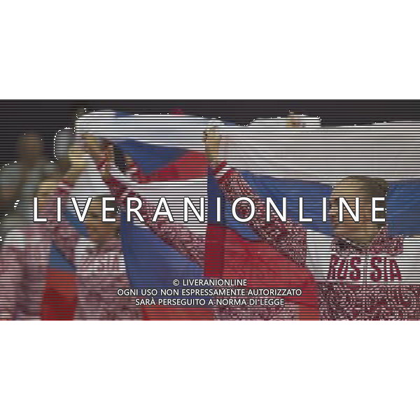 (120812) -- LONDON, Aug. 12, 2012 () -- The Russian team celebrates after the Group All-Around competition of Gymnastics Rhythmic event, at London 2012 Olympic Games in London, Britain, on August 12, 2012. The Russian team won gold medal. (/Fei Maohua) (nxl) ©PHOTOSHOT/AGENZIA ALDO LIVERANI SAS - ITALY ONLY - GIOCHI OLIMPICI, OLIMPIADI LONDRA 2012