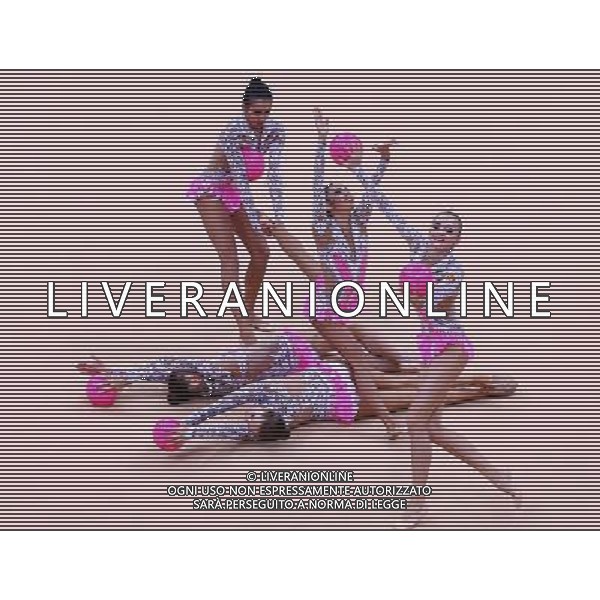 (120812) -- LONDON, Aug. 12, 2012 () -- The Russian team performs during the Group All-Around competition of Gymnastics Rhythmic event, at London 2012 Olympic Games in London, Britain, on August 12, 2012. The Russian team won gold medal. (/Chen Jianli) (nxl) ©PHOTOSHOT/AGENZIA ALDO LIVERANI SAS - ITALY ONLY - GIOCHI OLIMPICI, OLIMPIADI LONDRA 2012