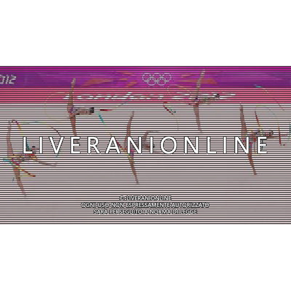 (120812) -- LONDON, Aug. 12, 2012 () -- The Russian team performs during the Group All-Around competition of Gymnastics Rhythmic event, at London 2012 Olympic Games in London, Britain, on August 12, 2012. The Russian team won gold medal. (/Chen Jianli) (nxl) ©PHOTOSHOT/AGENZIA ALDO LIVERANI SAS - ITALY ONLY - GIOCHI OLIMPICI, OLIMPIADI LONDRA 2012