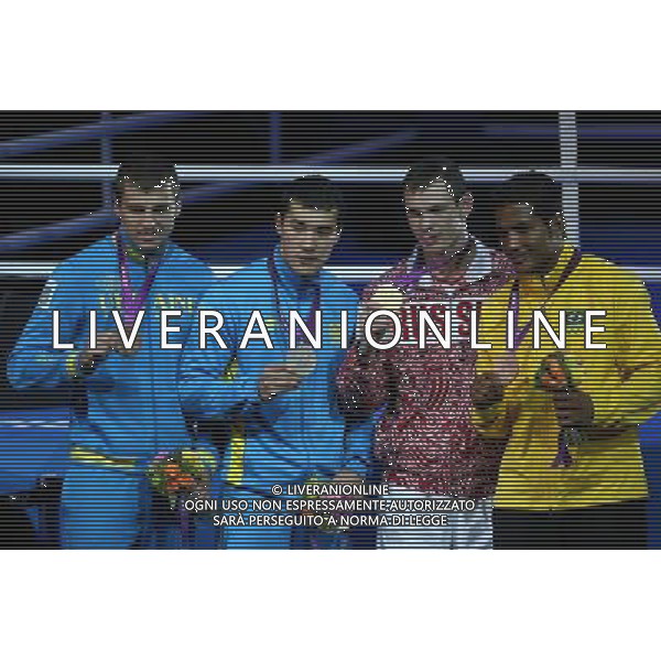 (120812) -- LONDON, Aug. 12, 2012 () -- Gold medalist Egor Mekhontcev of Russia (2nd R), silver medalist Adilbek Niyazymbetov of Kazakhstan (2nd L) and bronze medalists Yamaguchi Falcao Florentino of Brazil (1st R) and Oleksandr Gvozdyk of Ukraine attend victory ceremony of men\'s boxing light heavy (81kg) contest, at London 2012 Olympic Games in London, Britain, on August 12, 2012. (/Wang Shen) (nxl) ©PHOTOSHOT/AGENZIA ALDO LIVERANI SAS - ITALY ONLY - GIOCHI OLIMPICI, OLIMPIADI LONDRA 2012