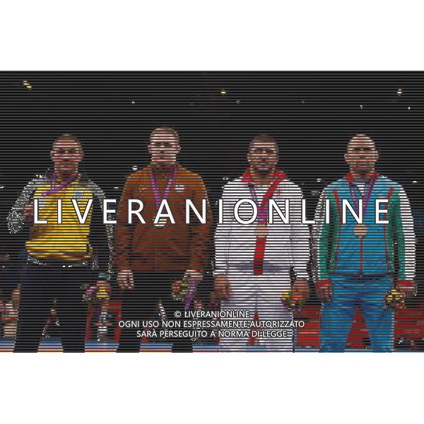 (120812) -- LONDON, Aug. 12, 2012 () -- Gold medalist Jacob Stephen Varner of USA (2nd L), silver medalist Valerii Andriitsev of Ukraine (1st L) and bronze medalists George Gogshelidze of Georgia (2nd R) and Khetag Gazyumov of Azerbaijan attend victory ceremony of men\'s wrestling freestyle 96kg competition, at London 2012 Olympic Games in London, Britain, on August 12, 2012. (/Jin liwang) (nxl) ©PHOTOSHOT/AGENZIA ALDO LIVERANI SAS - ITALY ONLY - GIOCHI OLIMPICI, OLIMPIADI LONDRA 2012