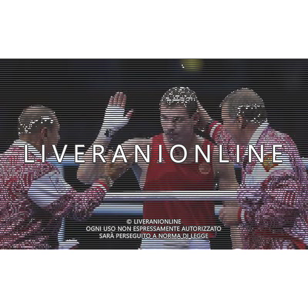 (120812) -- LONDON, Aug. 12, 2012 () -- Egor Mekhontcev of Russia (in red) celebrates after defeating Adilbek Niyazymbetov of Kazakhstan in men\'s boxing light heavy (81kg) gold medal contest, at London 2012 Olympic Games in London, Britain, on August 12, 2012. (/Wang Shen) (nxl) ©PHOTOSHOT/AGENZIA ALDO LIVERANI SAS - ITALY ONLY - GIOCHI OLIMPICI, OLIMPIADI LONDRA 2012