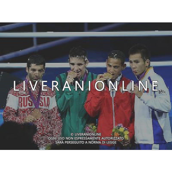 (120812) -- LONDON, Aug. 12, 2012 () -- Gold medalist Robeisy Ramirez Carrazana of Cuba (2nd R), silver medalist Tugstsogt Nyambayar of Mongolia (1st R) and bronze medalists Michael Conlan of Ireland (2nd L) and Misha Aloian of Russia attend victory ceremony of men\'s boxing fly (52kg) competition, at London 2012 Olympic Games in London, Britain, on August 12, 2012. (/Wang Shen) (nxl) ©PHOTOSHOT/AGENZIA ALDO LIVERANI SAS - ITALY ONLY - GIOCHI OLIMPICI, OLIMPIADI LONDRA 2012